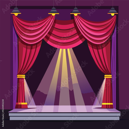 Dramatic theatre stage scene with red curtains spotlight illumination and empty performance area