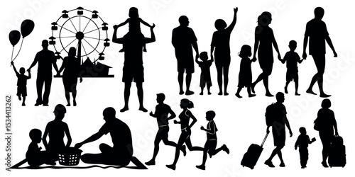 Vector art of silhouette families enjoy a day at the amusement park, isolated on white background