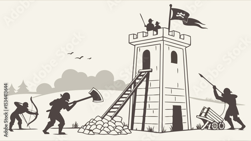 Medieval castle siege. Ancient war battle scene with soldiers attacking and defending a fortress. Historical conflict concept.
