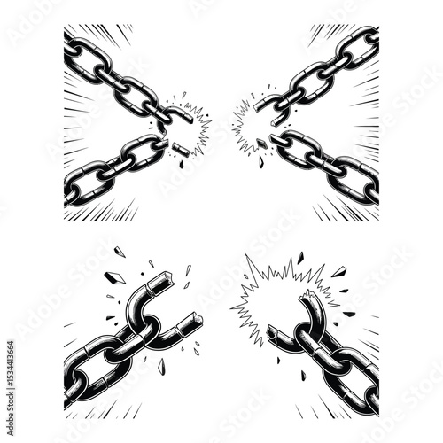 Dynamic black and white illustration set of breaking chains symbolizing liberation and revolutionary change