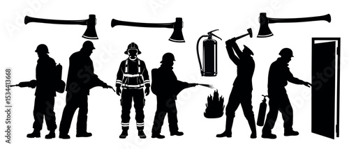 Vector art of a team of firefighters in action, isolated on white background, wielding axes and extinguishers to combat a blaze