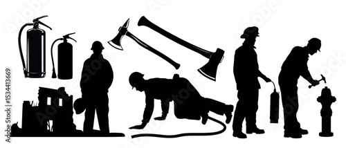Vector art of silhouetted firefighters and equipment, isolated on white background, depict a scene of intense action and bravery