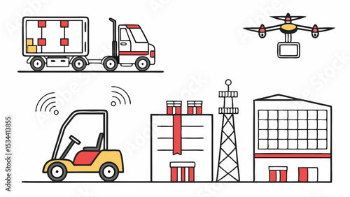 Smart Logistics, Supply Chain Automation, Industry 4.0. Automated Warehouse, Drone Delivery, Truck Transport.