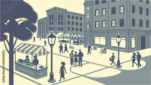 Urban city street market with people shopping and walking. Busy downtown marketplace scene, vector illustration of daily life.