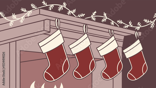 Cozy Christmas holiday scene with four red stockings hanging on a fireplace mantel decorated with festive garland and warm fire.