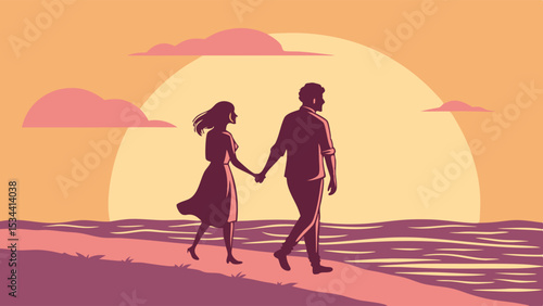Romantic couple holding hands walking on beach at sunset. Love and relationship concept. Peaceful evening stroll by sea.