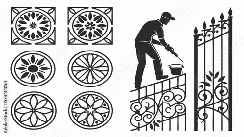 Wrought iron gate, fence, and decorative patterns. Man painting ornate metal gate. Ornamental ironwork and security design.