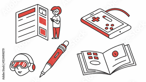 Modern technology and education line icon set. Digital learning, virtual reality, mobile gaming, reading, and writing.