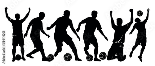 Vector art of dynamic silhouettes of soccer players in action, isolated on white background, a vector illustration capturing the energy of the game