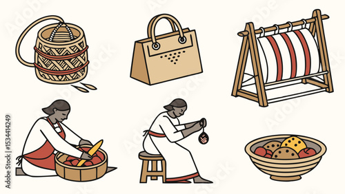 Ancient Indigenous culture and traditional crafts. Women making handmade art, weaving, baskets, jewelry, and food.