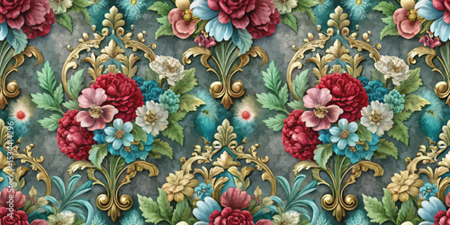 Vintage floral fabric pattern with intricate detailing and vibrant colors.
