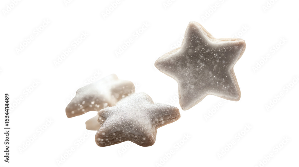 Levitation of enchanted silver star-shaped cookies emitting soft glowing dust isolated on white background Levitation of enchanted silver star-shaped cookies emitting soft glowing dust isolated on white background