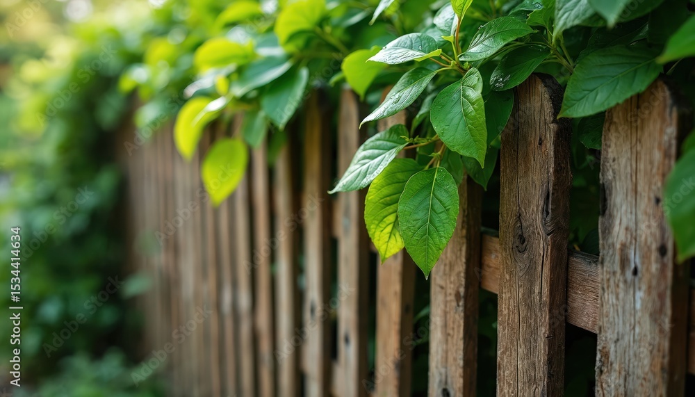 Rustic wooden fence adorned with vibrant green leaves. Natural serene scene, foliage contrasts with rich brown wood. Perfect for nature, eco themes, garden design. Rustic wooden fence adorned with vibrant green leaves. Natural serene scene, foliage contrasts with rich brown wood. Perfect for nature, eco themes, garden design.