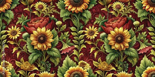 Vibrant floral pattern featuring sunflowers and other blooms on a deep red background.