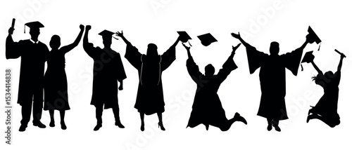 Vector art of joyful graduates, silhouetted against a white background, celebrate their achievement with hats tossed in the air