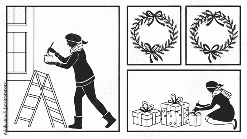 DIY Home Improvement And Christmas Holiday Preparation Silhouette Illustration Woman Painting And Wrapping Gifts
