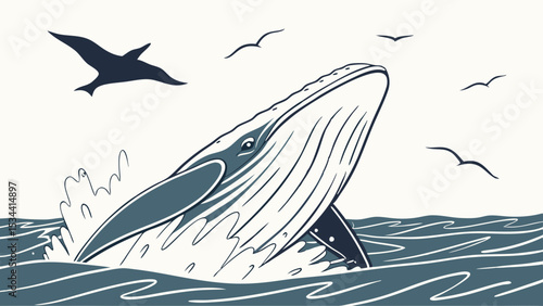 Whale Jumping Out of Water with Birds and Waves - Ocean Marine Life Nature Illustration