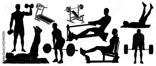 Vector art of silhouettes of athletes performing various exercises isolated on white background, showcasing a range of gym equipment and workout routines