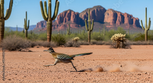 Roadrunner running fast across the desert floor with saguaro cacti and mountains in the background