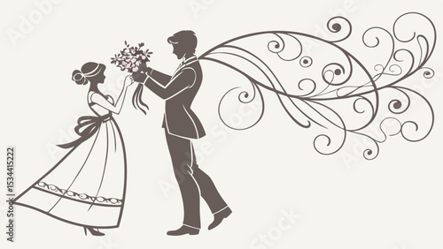 Elegant Romantic Couple Silhouette Vintage Wedding Illustration Giving Flowers Love Story Decorative Design