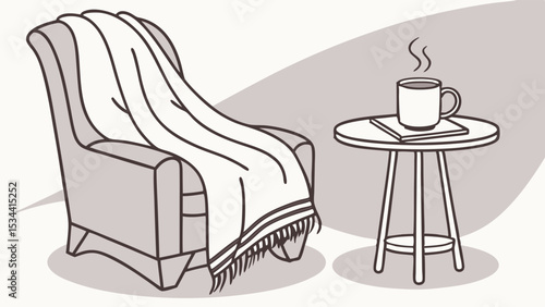 Cozy armchair with blanket, book, and hot drink on table. Simple illustration of comfort and relaxation at home.