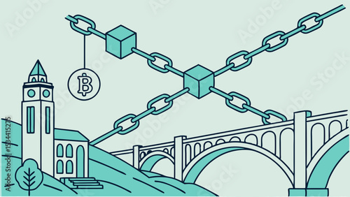 Blockchain technology linking city building and bridge with Bitcoin cryptocurrency blocks chain network connection.