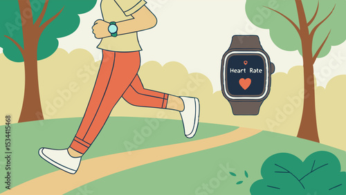 Healthy person running in park tracking heart rate on smartwatch. Fitness, exercise, health, technology.