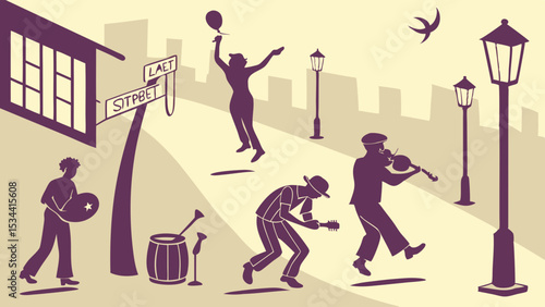 Vintage street scene with silhouetted people musicians artist and dancers celebrating community life on Main Street