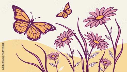 Butterflies and Flowers Simple Nature Illustration Spring Summer Background