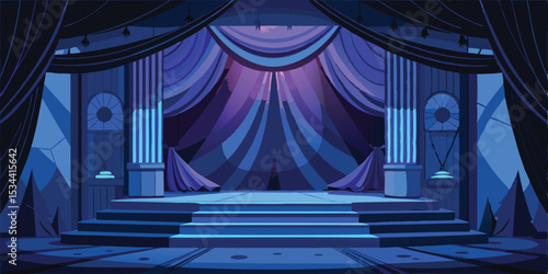 Elegant stage with curtains and pillars under dramatic lighting in a theatrical setting