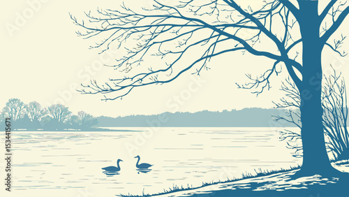 Calm lake landscape with two swans and bare tree. Peaceful nature scene. Winter or early spring background.