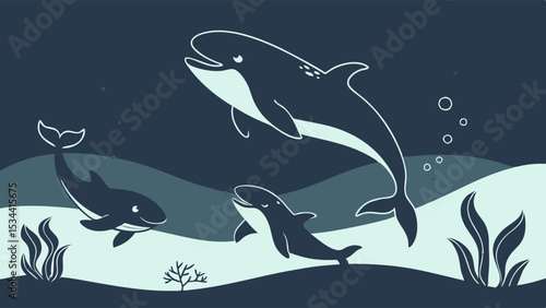 Cute cartoon whales swimming underwater ocean illustration simple marine life vector graphic for kids and nature themes