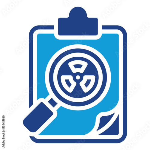 Radiation Audit Dual Tone Color Fill Silhouette - Clipboard with magnifier and radioactive symbol, representing inspection and auditing of radioactive exposure