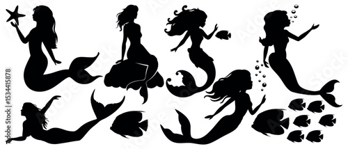 Vector art of silhouette of graceful mermaids, playfully interacting with starfish and fish, isolated on white background