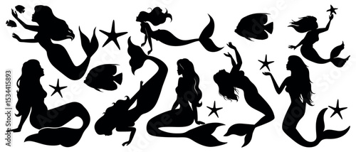 Vector art of silhouetted mermaids swim and dance, isolated on white background, a collection of vector illustrations featuring starfish and angelfish