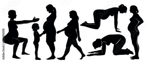 Vector art of silhouettes of pregnant women in various yoga poses, isolated on white background, one woman with a child
