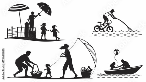 Summer Family Fun Outdoor Activities Silhouettes Beach Fishing Biking Boating Picnic