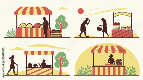 People buying fresh fruits and vegetables at outdoor farmer's market stalls simple flat vector illustration set