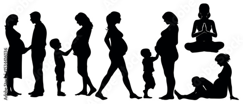 Vector art of a series of vector silhouettes depicting pregnant women, a family, and children, isolated on white background