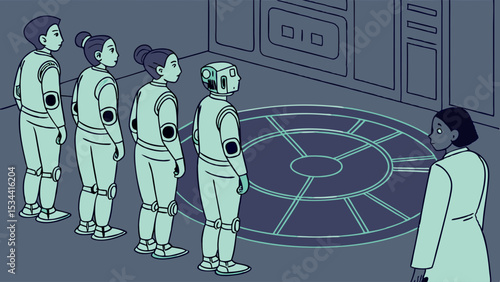 Group of Humanoid Robots and Scientist in Futuristic Technology Lab AI and Robotics Development Research Automation