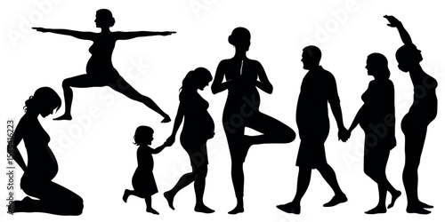 Vector art of a series of vector silhouettes depicting pregnant women in various poses, a man and woman walking handinhand, and a toddler, isolated on white background