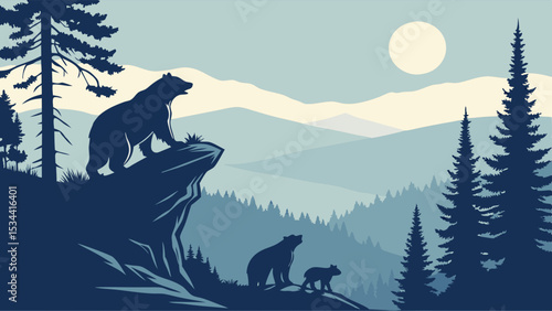 Blue Wild Bear Family Silhouette Forest Mountain Landscape Nature Wildlife Scene Serene Wilderness View Outdoor Animals Illustration