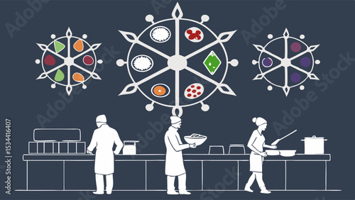 Restaurant kitchen team cooking and preparing food. Professional chefs working together in food service illustration.