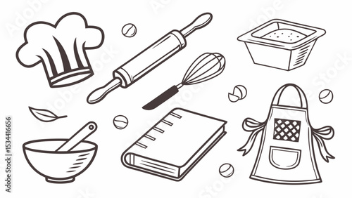 Baking and cooking tools sketch line art kitchen utensils recipe book chef hat apron ingredients food preparation homemade pastry
