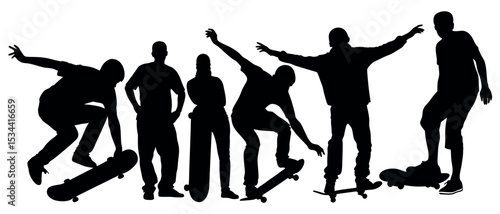Vector art of silhouetted skateboarders in dynamic poses, isolated on white background, a vector illustration of action and movement