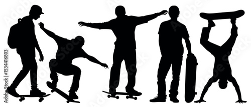Vector art of five dynamic skateboarding silhouettes, isolated on white background, showcase a variety of stances and tricks