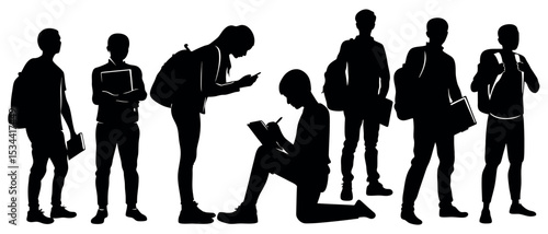 Vector art of silhouetted students, isolated on white background, actively engaged in studying, using technology, and carrying backpacks