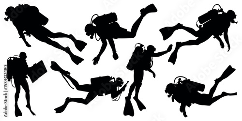 Vector art of a group of scuba divers, isolated on white background, depicted in dynamic vector silhouettes, showcasing various underwater actions and poses