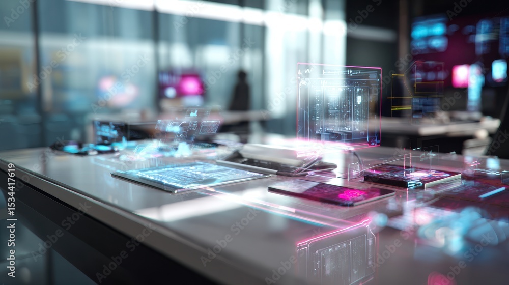custom made wallpaper toronto digitalFuturistic office desk with holographic displays and technological interfaces.