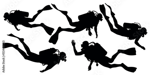 Vector art of five scuba divers, isolated on white background, execute graceful underwater maneuvers in a dynamic vector illustration